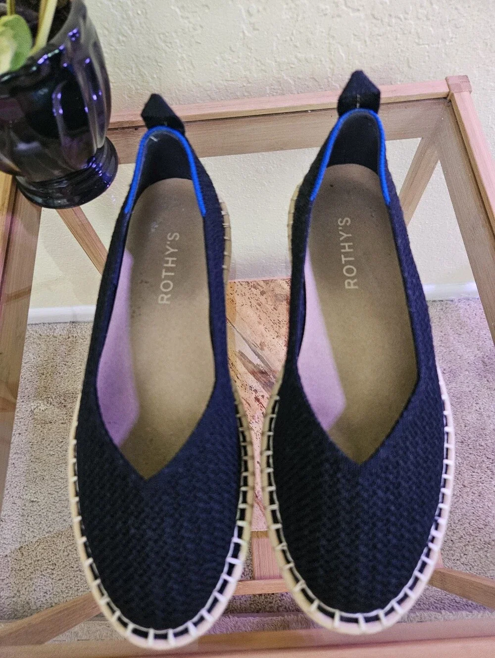 Rothy's Black Knit Espadrille with Blue Trim Sz 6